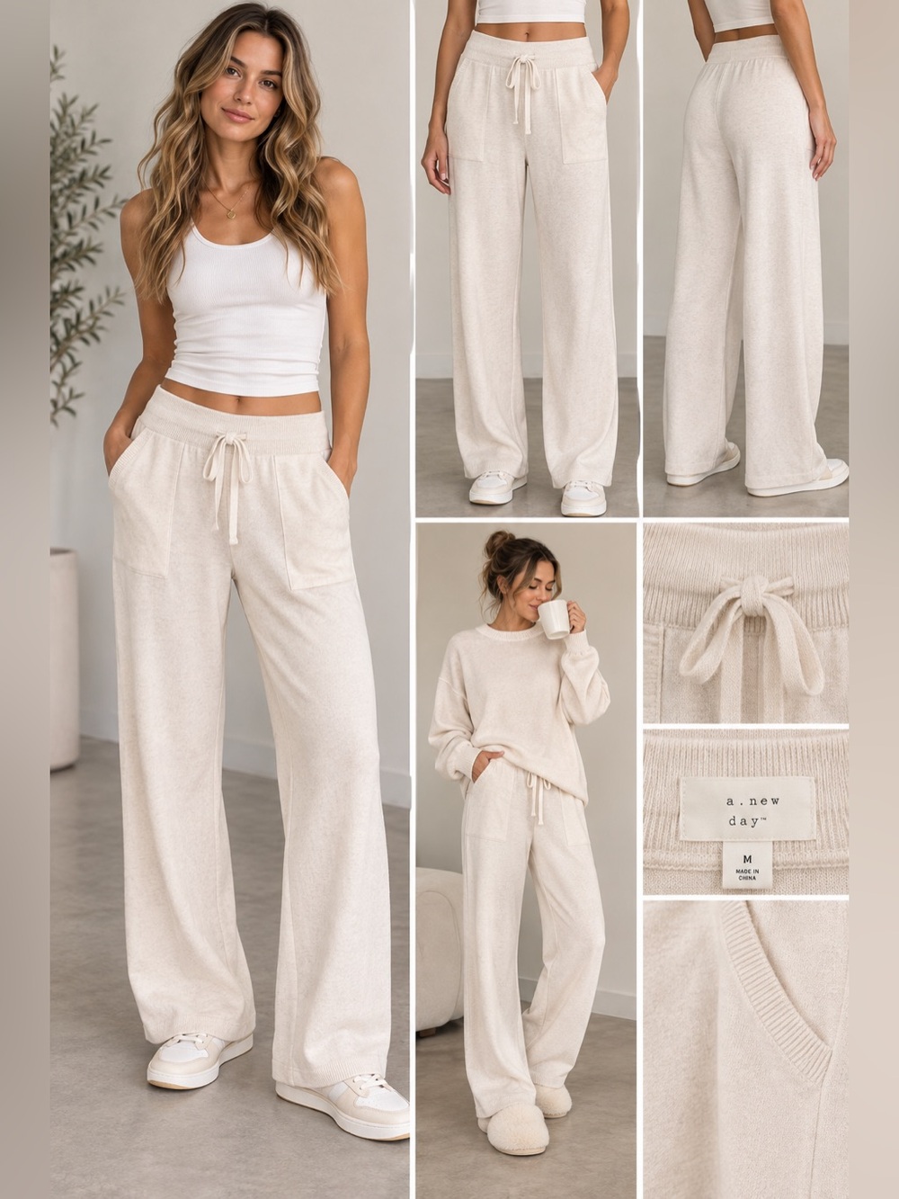 a loves a cream Cozy Knit Lounge Pants XL NWT Drawstring Wide Leg Soft Comfy